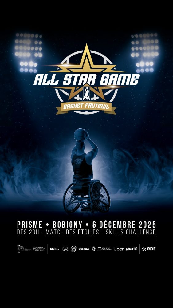 🏀💫 ALL STAR GAME – Édition #1 - Le show du basket fauteuil arrive à Bobigny !
 
📅 6 décembre 2025
📍 Le Prisme, Bobigny
 
🇫🇷 L’Équipe de France affrontera la Team Monde, sélectionnée par le public. Au programeme de cette journée également : tournoi 3x3, concours à 3 pts, skills challenge, animations et surprises…
 
Un spectacle entre performance et émotions, inspiré des shows américains, revisité à la sauce handisport 🇫🇷
 
🎟️ Billetterie & infos sur handisport.org